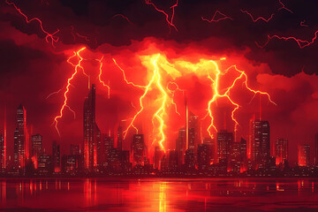 Dramatic lightning storm over a futuristic city skyline reflecting in the water at dusk
