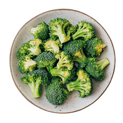 Freshly cut broccoli in a ceramic plate on a transparent background ready for a healthy meal, Broccoli in plate on transparent background