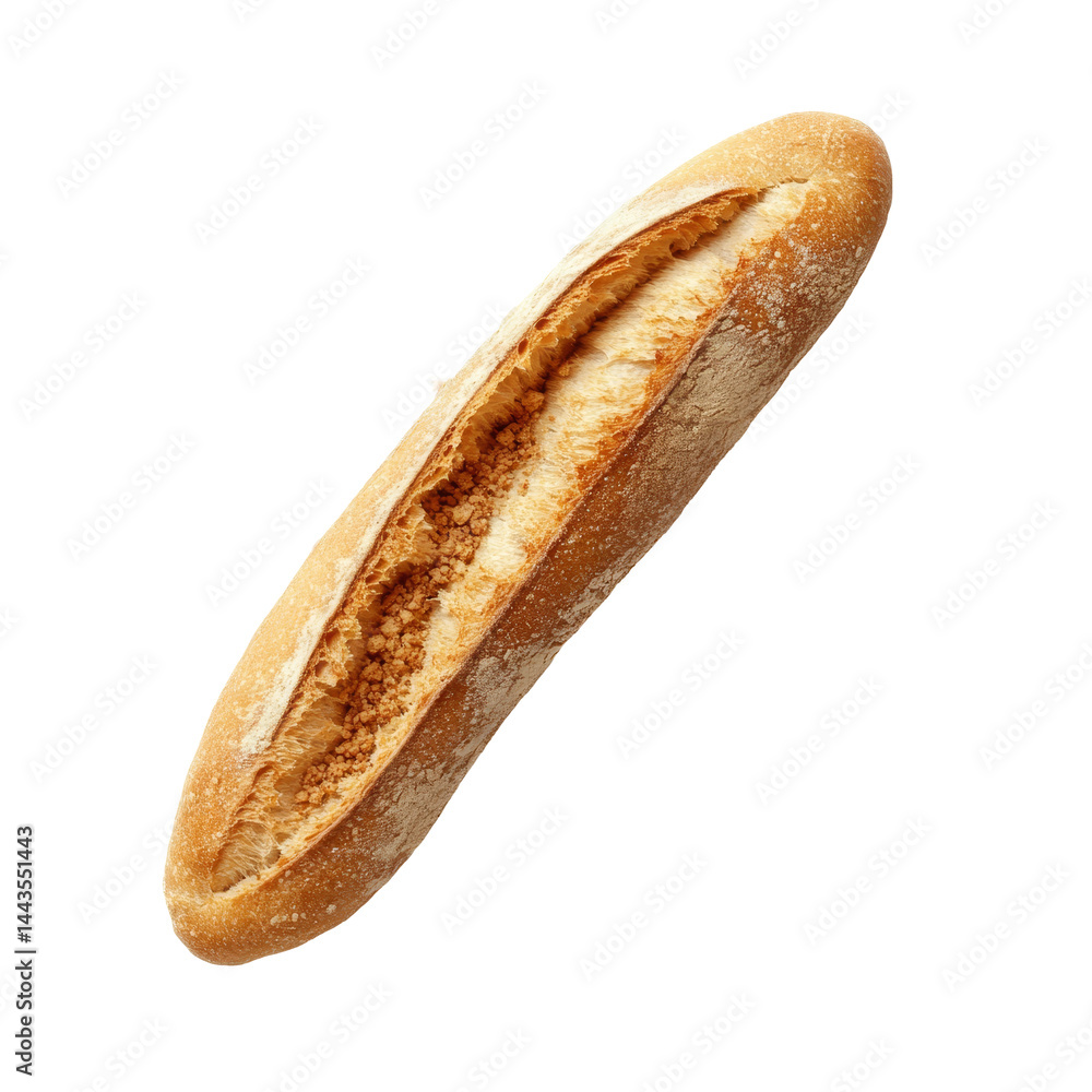 Aufkleber fresh baguette with crumbs on transparent background showcasing its golden crust and soft interior, 