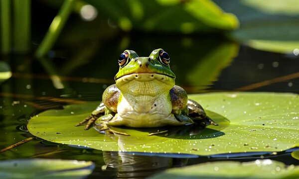 Green frog rests on lily pad in pond, basking in sunlight, surrounded by lush foliage