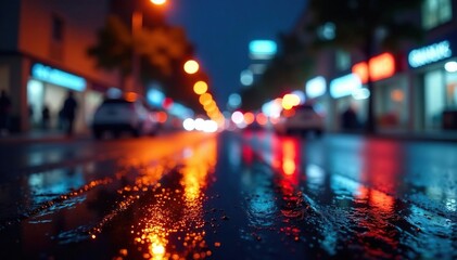 Abstract late-night city lights reflecting on wet pavement, architecture, graphic