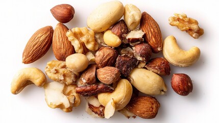 Assorted Nuts Displayed on White Background for Healthy Snacking