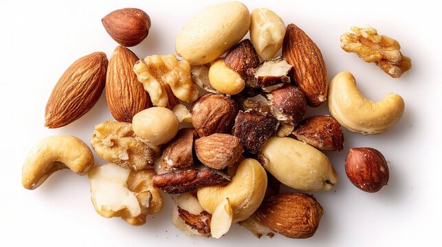 Assorted Nuts Displayed on White Background for Healthy Snacking