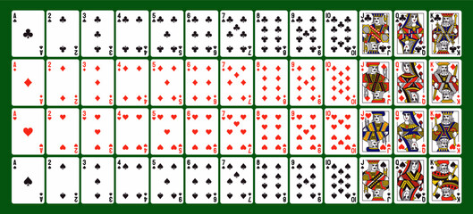 Poker playing cards. Full deck of playing cards for solitaire and digital computer games. Design elements for casino and gambling. Vector illustration collection