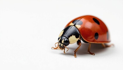 Naklejka premium Close-up of a single ladybug on white background, texture, photography, simple
