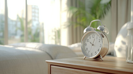 Classic silver twin-bell alarm clock on a wooden nightstand  