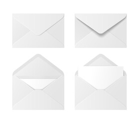 Set of realistic white envelopes. Folded and unfolded envelope mockups with blank letters. Design elements for projects and printing. 3D vector illustration collection