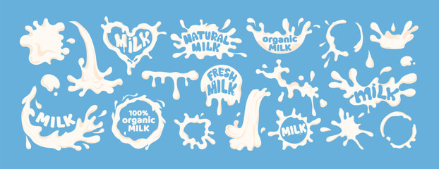 Fototapeta premium Dairy splashes logo. Set of drops, blots and stains of natural milk with lettering. Stickers or labels for dairy product design. Flat vector illustration collection