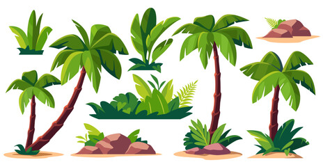 Set of palm trees. Colorful stickers with tropical plants and green exotic trees and bushes. Jungle and tropical beach flora. Cartoon vector illustration collection