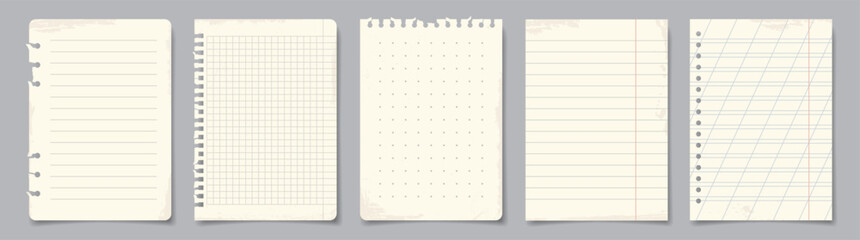 Torn paper sheets from notepad. Checkered or striped pages with texture. Design elements for poster and print. Notepaper for reminders. Realistic vector illustration collection