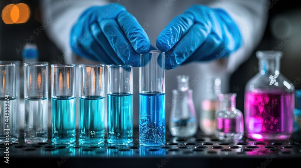 Poster scientist handling test tubes filled with colorful solutions in a laboratory