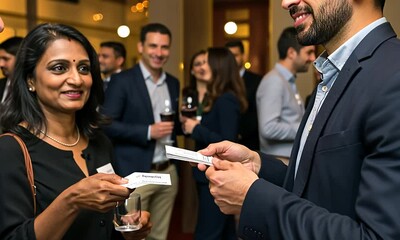 Networking scene Business people exchanging business cards at an indoor event