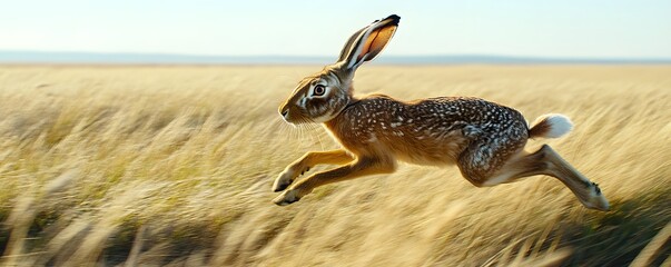 Fototapeta premium Hare is running rapidly across the field of golden grass
