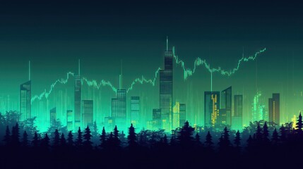 Futuristic city skyline at night, glowing green, with financial data overlay
