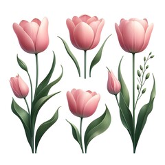 Obraz premium Set of Delicate Pink Tulips in Bloom – Soft Floral Vector Illustration Featuring Tulip Flowers with Graceful Petals and Stems for Use in Spring and Nature Designs.