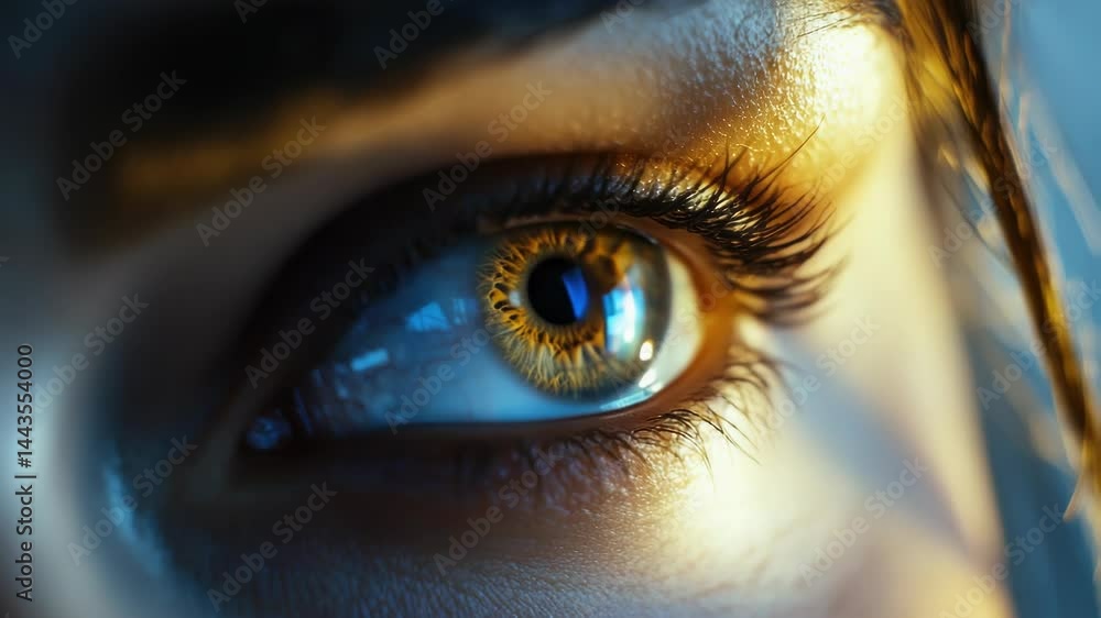 Poster a close-up view of an individual's eye against a blue backdrop, ideal for use in designs related to 