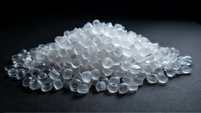 Close-up on a pile of translucent, small plastic polymer granules on a black surface, showcasing textures and shapes for material science applications
