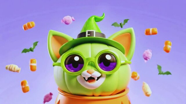 "3D Cute Green Cat Witch &ndash; Halloween Cartoon Character with Candy Corn & Bats"