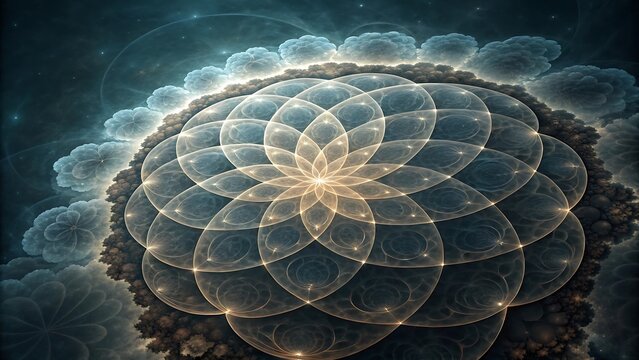 Fototapeta Cosmic Bloom: A captivating digital artwork depicting a stunning fractal flower, radiating intricate patterns and ethereal light, evoking a sense of wonder and the mysteries of the universe.