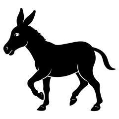 A black silhouette of a donkey kicking up its hind legs with energy