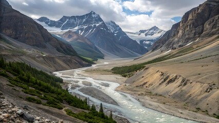 Fototapeta premium Mountain River Valley: A breathtaking panoramic view of a pristine mountain river valley, showcasing majestic snow-capped peaks, rugged terrain.