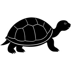 A black silhouette of a turtle, shown in profile, with a smooth shell and short legs