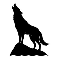 A black silhouette of a wolf howling on a rock