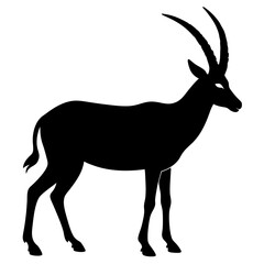 A black silhouette of an oryx, a type of antelope, walking with its long, straight horns