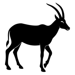 A black silhouette of an oryx, a type of antelope, walking with its long, straight horns
