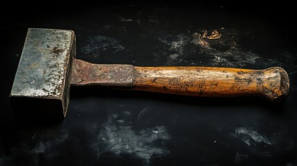A close-up of a saw and mallet on a black background