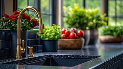 Modern kitchen sink and faucet, fresh produce