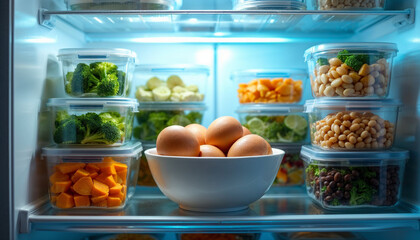 Fresh vegetables and eggs organized in a well-lit refrigerator showcasing healthy meal prep for the week