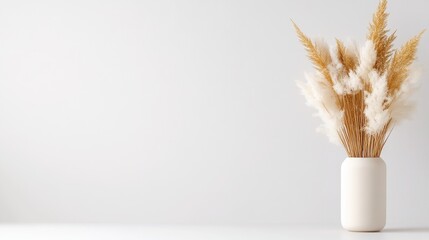 A white ceramic vase holding dried pampas grass on a minimalist white table, soft neutral tones, elegant home decor, and simple composition.