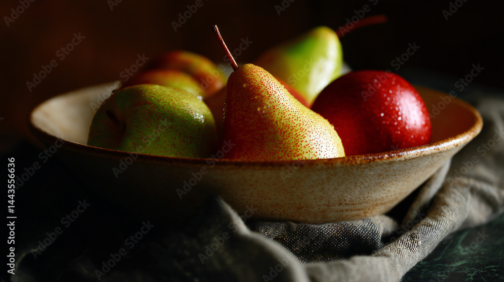 Poster apples and pears in bowl a rustic beige bowl filled with fruit, creating a simple yet inviting still