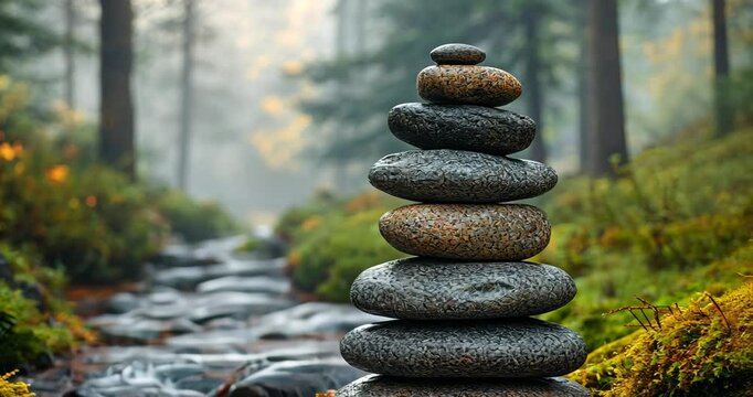 A stack of balanced zen stones in a misty forest by a stream.