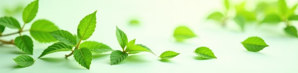 delicate green leaves scattered on white surface, green, scenery