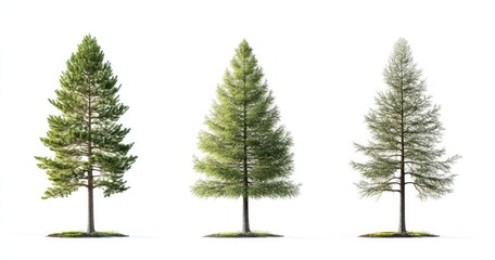 Three Conifer Trees, Isolated on White.  Detailed 3D Models of Evergreen Trees