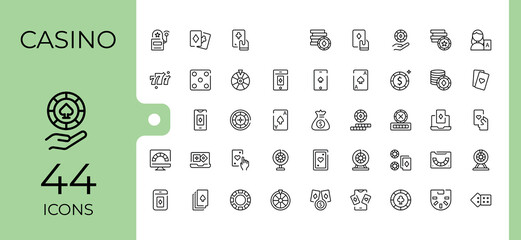 Casino icon collection. Pack of gamble, dice, ace, card, jackpot, bet and more. Sign and Symbol. Gambling icon set. Vector illustration in modern line style.