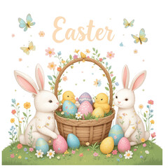 Charming Easter illustration featuring two white bunnies and yellow chicks surrounding a basket filled with colorful eggs, set in a grassy floral field with butterflies and soft pastel tones.