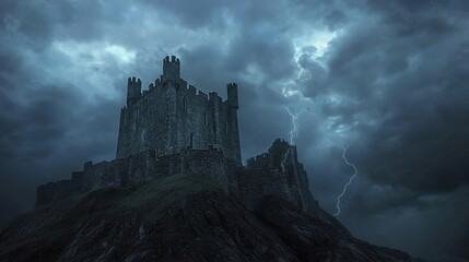 Obraz premium A dark castle towers against a stormy sky, illuminated by flashes of lightning, creating a haunting atmosphere of mystery and intrigue.