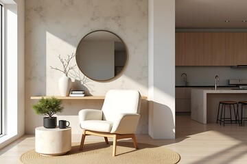 Stone Accent Wall and Plush Cream Armchair in Minimal Living Room Design