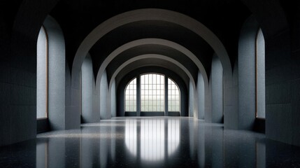 Naklejka premium Long, arched corridor with a large window in the center. the corridor is made of concrete and has a black floor.