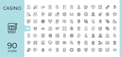 Casino icon collection. Pack of gamble, dice, ace, card, jackpot, bet and more. Sign and Symbol. Gambling icon set. Vector illustration in modern line style.