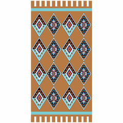 A Native American inspired geometric rug featuring alternating diamond motifs in earth tones of...