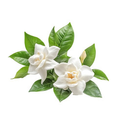 Elegant gardenia flowers in full bloom with lush green leaves isolated on a bright transparent background, Gardenia flowers isolated on transparent background