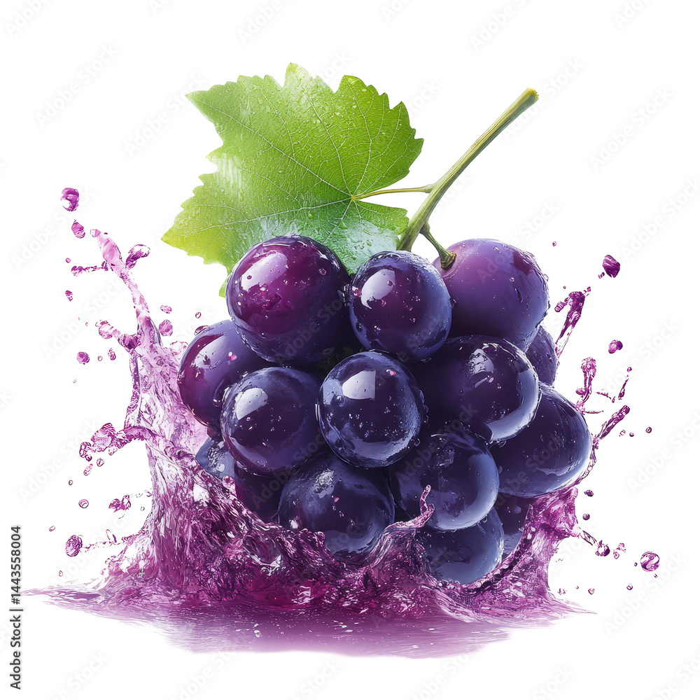 Poster fresh organic grapes with a splash of juice against a transparent background, fresh organic grape wi