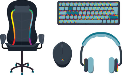 RGB black gamer vector set up set- gaming chair, keyboard, mouse and headset black with RGB lights gamer style