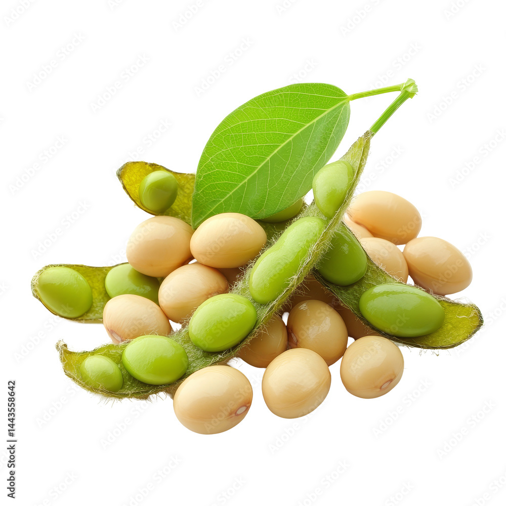 Poster fresh soybeans with pods and a green leaf on a clean transparent background ready for culinary use, 