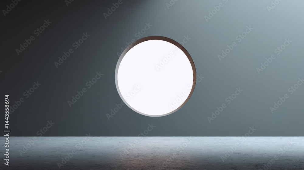 Poster empty room with a round window in the center. the window is white and is surrounded by a dark grey w