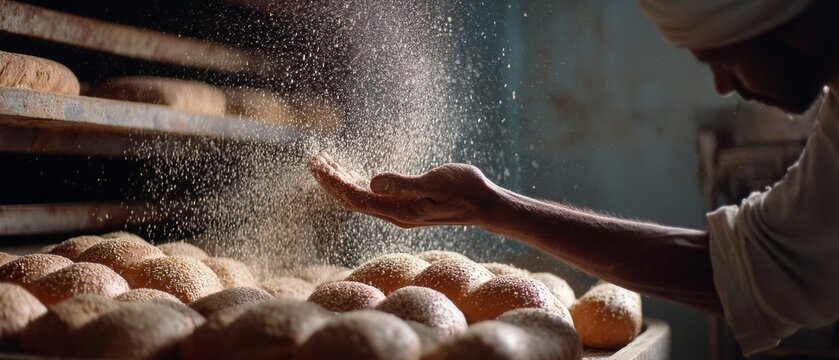 Wheat dust dances in the air over freshly baked bread as a skilled baker tests its texture in a warm, rustic bakery setting.